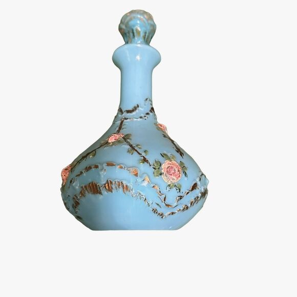 19th Century Antique French Blue Opaline Glass Decanter hand Painted Rose Floral - Picture 4 of 12